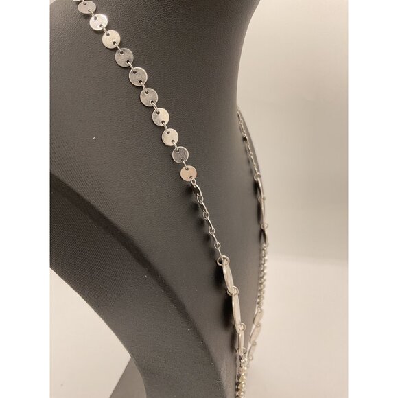 Long Silver Tone Metal Disc Faux Pearl Necklace With Adjustable Chain - Picture 2 of 3